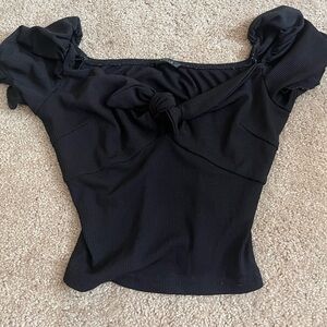 SHEIN Black Ribbed Off-Shoulder Knot Front Top